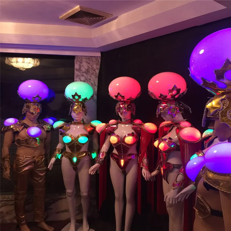 

KS1 Ballroom dance led costumes men light bodysuit mirror dress headpiece RGB colorful dress outfits bar perform show wear cloth