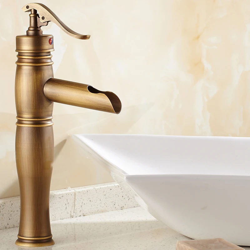 

Antique Brass Bathroom Sink Basin Faucet Mixer Tap Waterfall Spout Single Hole Vessel Sink Faucet KD1258