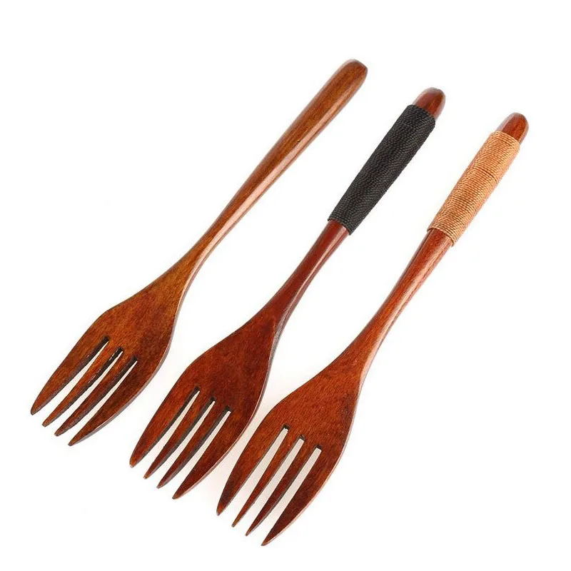 300pcs Kitchen Tableware Dinner Wooden Cutlery Forks Tie line Four Prongs Fruit Dessert Forks Utensils Party Gift ZA5183