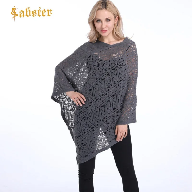 

Women Solid color Hollow Out Poncho Kint Plus Size Sweaters Pullovers 2018 Summer Sexy Bikini Cover Up Thin Sweater XZ328