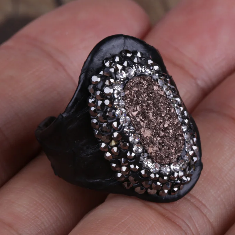 big freshwater pearl bead charm pave rhinestone in grey black pink green snake leather Wrap open rings cuff adjustable unisex