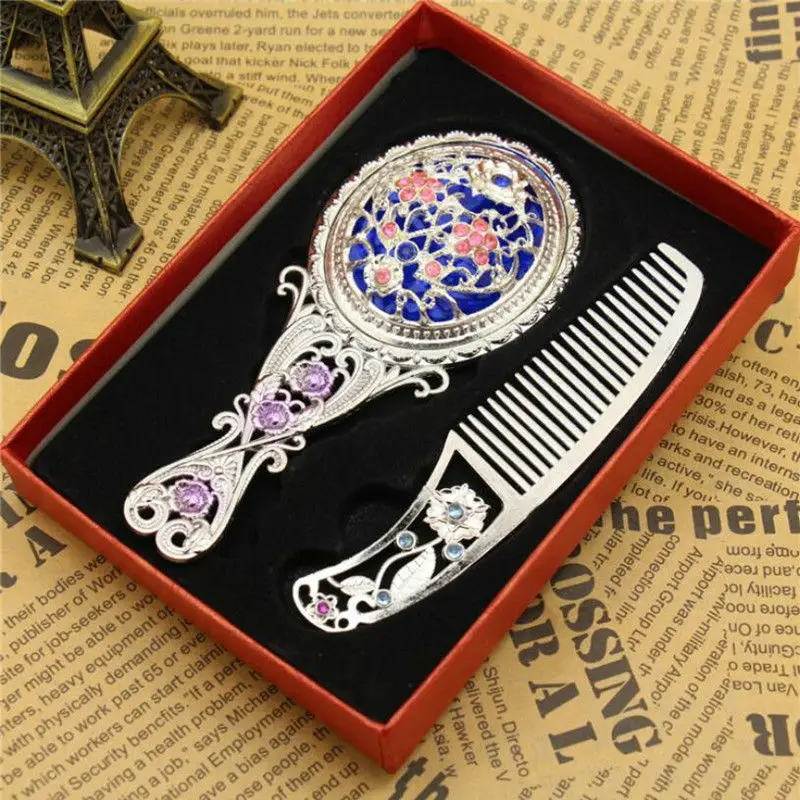 Silver color maquillaje espejo Retro crystal flowers Metal Portable mirror comb set makeup mirror Vintage Cosmetic mirror