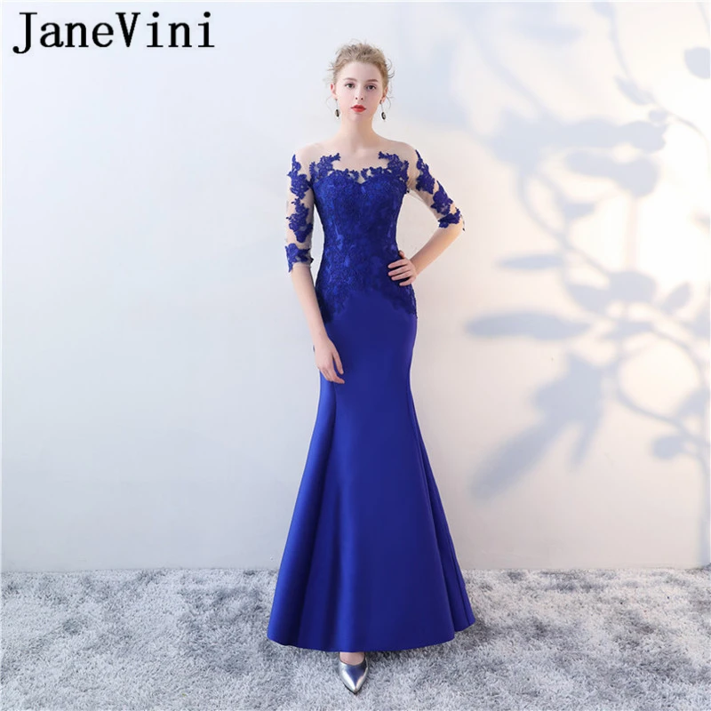 JaneVini Elegant Mermaid Royal Blue Prom Dresses with Half Sleeve Lace Appliques Illusion Back Satin Prom Dress Vestidos De Gala