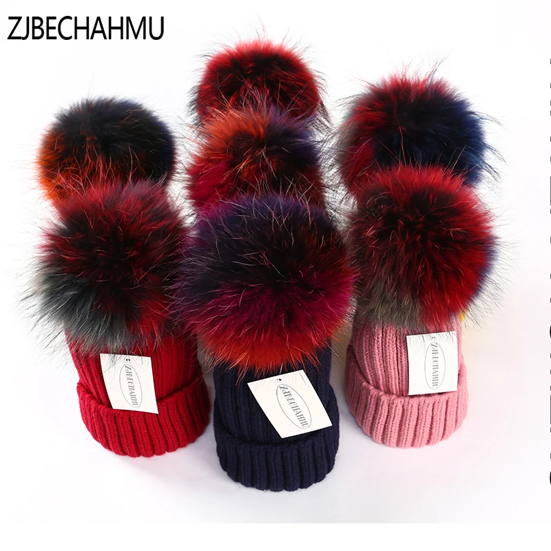 

Fashion New Real Fox Fur Mink Pompoms 18cm Skullies Beanies Hats For Women Girl Winter Warm Hats Children Skullies Beanies Hats