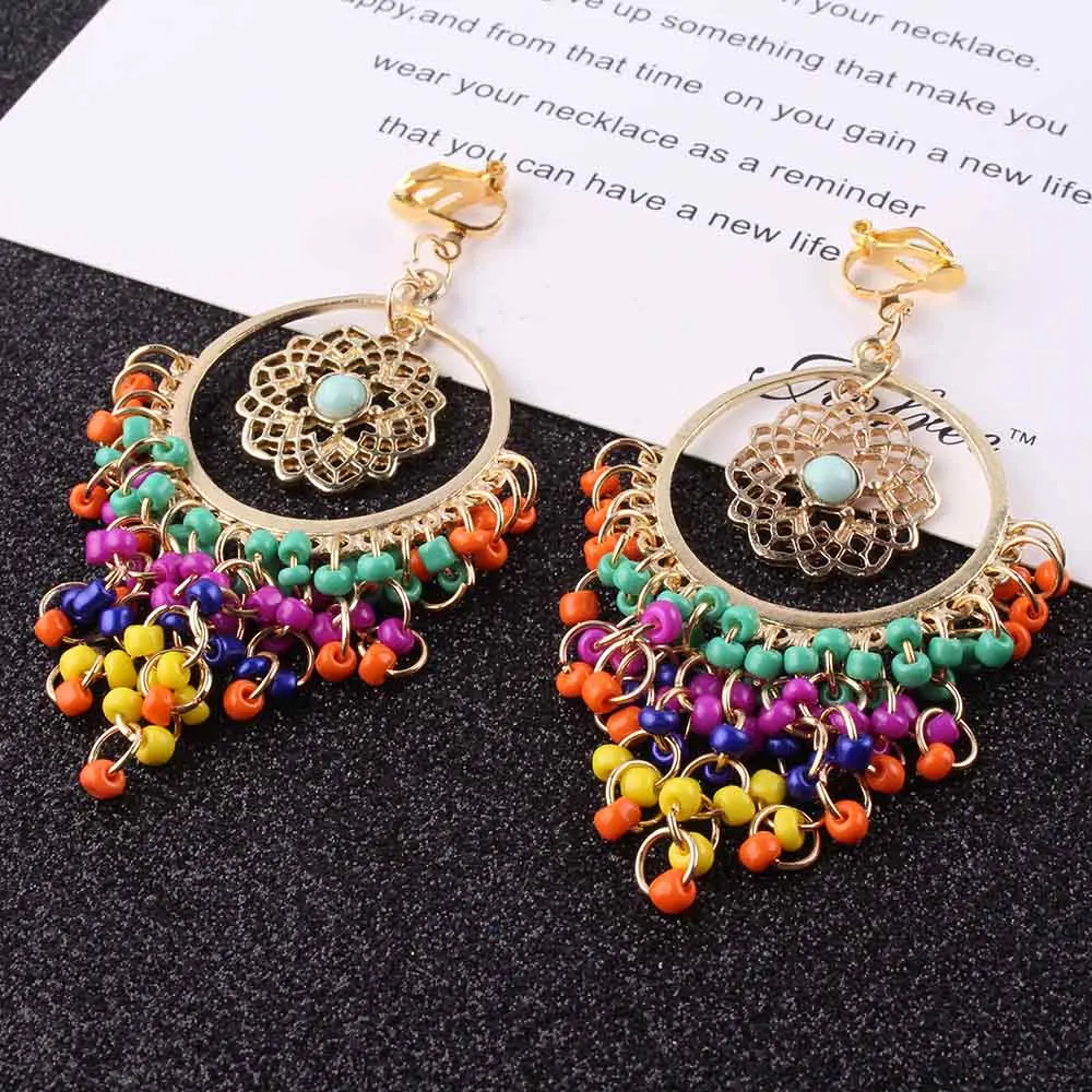 Vintage Multicolor Resin Colorful Beads Tassel Clip on Earrings For Women Boho Fashion Accessories Big No Pierced Earrings