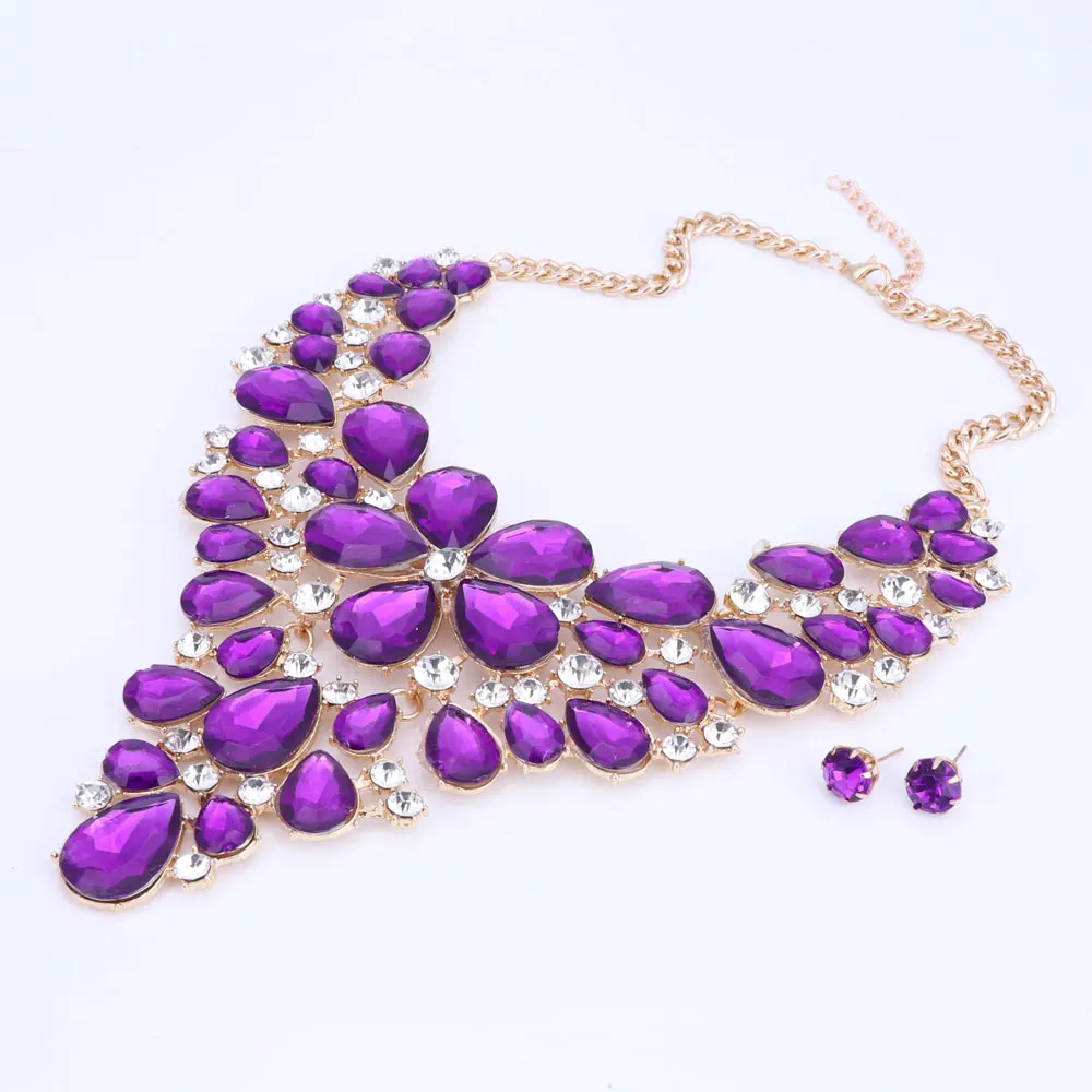 New Hot Ultra-luxury Bohemia Exaggerated Crystal Necklaces & Pendants Crystal Flower Statement Necklace earings For Women alloy