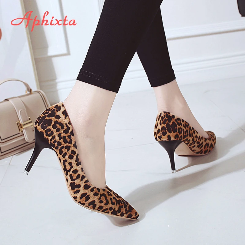 Aphixta Leopard Shoes Woman Heels Pumps High Nude 8cm Thin Heels Wedding Shoes Party Ladies Shoes Classic Pumps Big Size 44