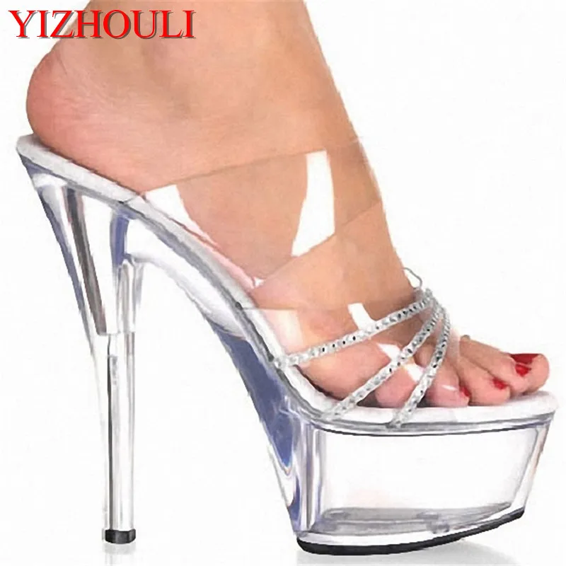 

15cm stiletto heel platform women Slippers PU CLEAR slip on sexy platform Dance Shoes