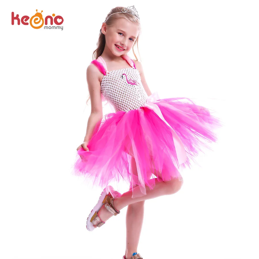 Girls Flamingo Princess Dress Pink Flower Tulle Clothes Kids Birthday Party Dresses 2018 Brand Animal Costume Flamingo Vestidos