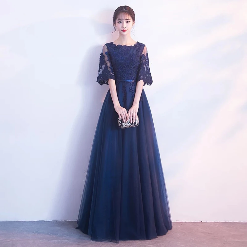 DONGCMY NEW ARRIVAL EVENING DRESS BANDAGE LACE EMBROIDERY LUXURY SATIN SHORT SLEEVED LONG ELEGANT ROBE DE SOIREE GOWN