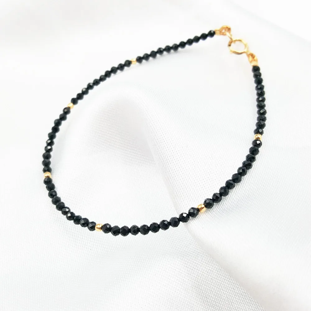 Lii Ji Natural Stone Black Spinel 2-3mm Faceted Beads&925 Sterling Silver Beads Clasp Fine Bracelet 7\'\'-8\'\'