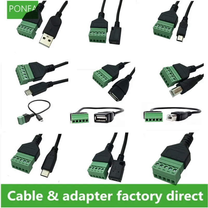 USB 2.0 Male Female B Micro usb mini usb type-c to 5 Pin / Way Female Bolt Screw Shield Terminals Pluggable Cable 0.3m/30cm