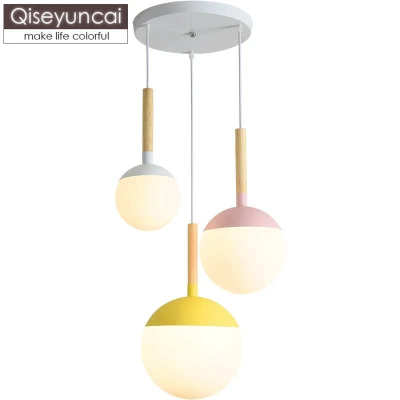 

Qiseyuncai Nordic modern magic beans sphere glass three heads restaurant chandelier living room simple wood lamps free shipping