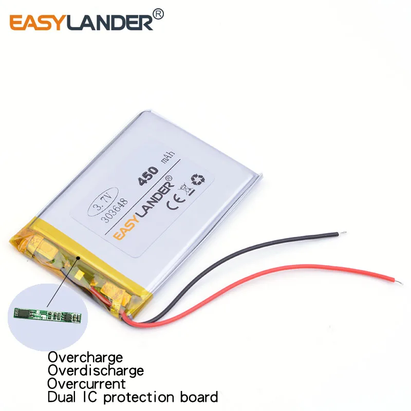 Bateria recarregável do polímero do Li-íon do lítio, 3.7V, 450mAh, 303648, para DVR, GPS, MP3, telefone celular, orador, auriculares de Bluetooth, jogador do jogo