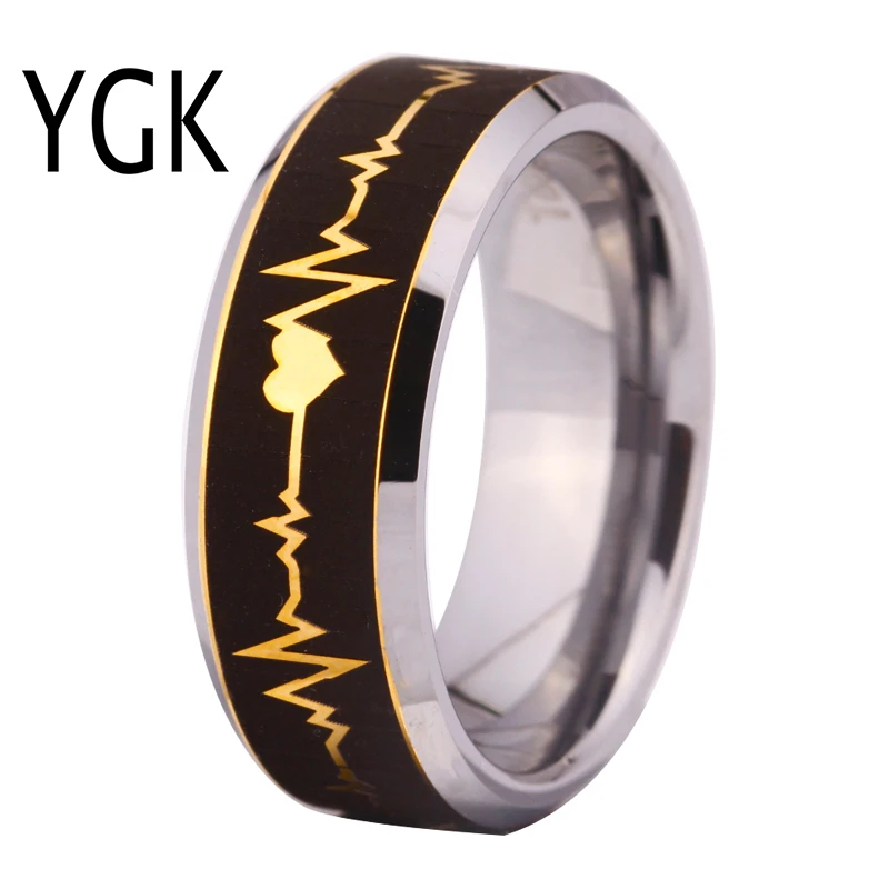 Classic Wedding Rings for Women Men's Engagement Rings Heart Beat EEG Design Promise Anniversary Jewelry Golden Tungsten Ring