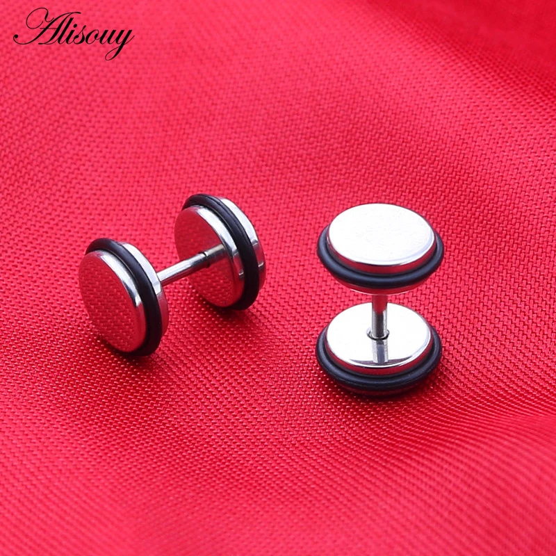 Alisouy 2Pcs Mens Barbell Punk Gothic 4-12mm Stainless Steel Ear Studs Fake Ear Plug Stretcher Cheater Earring Piercing Jewelry