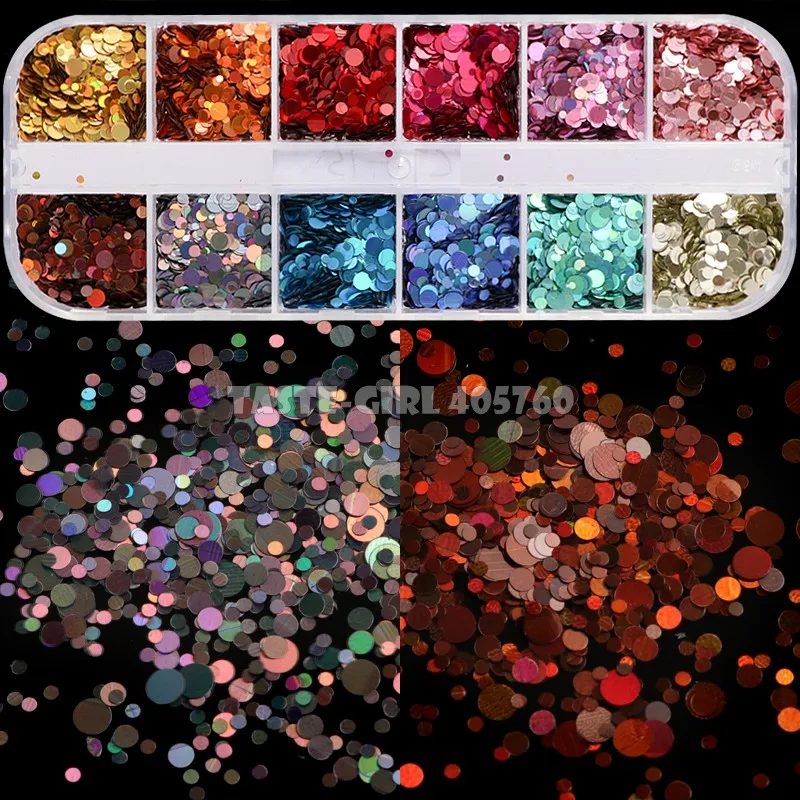 Juego de 12 rejillas de alta calidad, 12 colores mezclados, 3 tamaños, brillo láser holográfico, lentejuelas redondas, calcomanías de lentejuelas para decoración de uñas, CT15 DIY