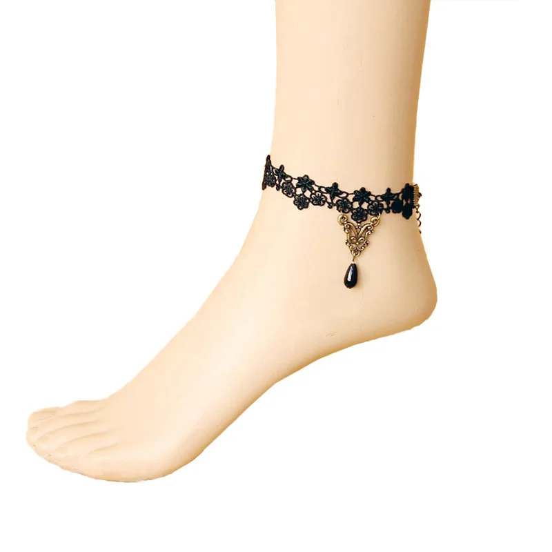 خلخال إمرأة مثير القوطية سبائك البرونز الخرزة قطرة زهرة الأسود الدانتيل الكاحل سوار بيرفوت الصنادل خمر الرجعية مجوهرات للقدم