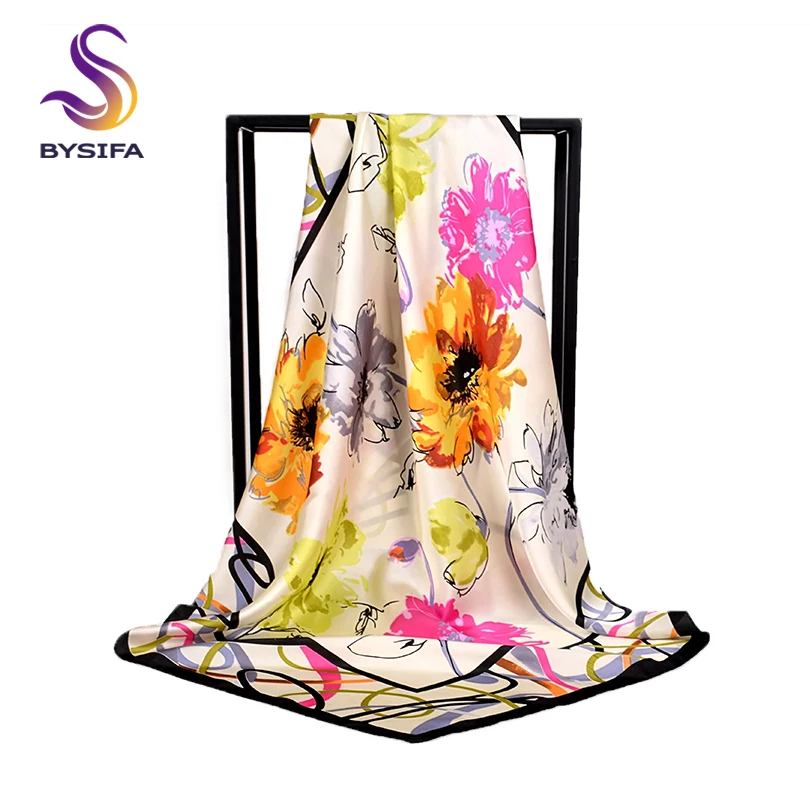 [BYSIFA] Fashion Silk Scarf Shawl 2018 New Autumn Winter Women 100% Pure Silk Scarf Elegant Floral Large Square Head Scarves