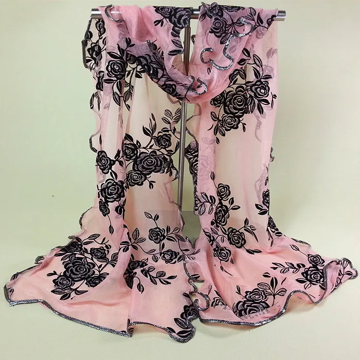 Sexy Black Lace Flower Long Soft Scarf Women Fashion New Wrap Shawl Stole Spring Autumn Volie Pashmina Hijab Wrap 180*43 cm