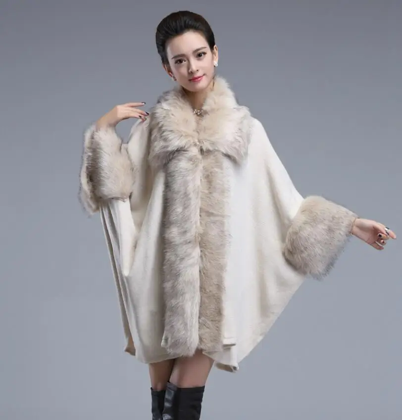 Europe 2019 autumn winter fashion Faux fur collar shawl coat women plus size warm Faux Cashmere Knit Cardigan Shawl Cloak w707