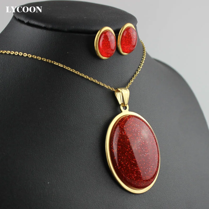 LYCOON stainless steel pendant plated gold color special resin stone egg shape pendant necklace earrings jewelry sets for women