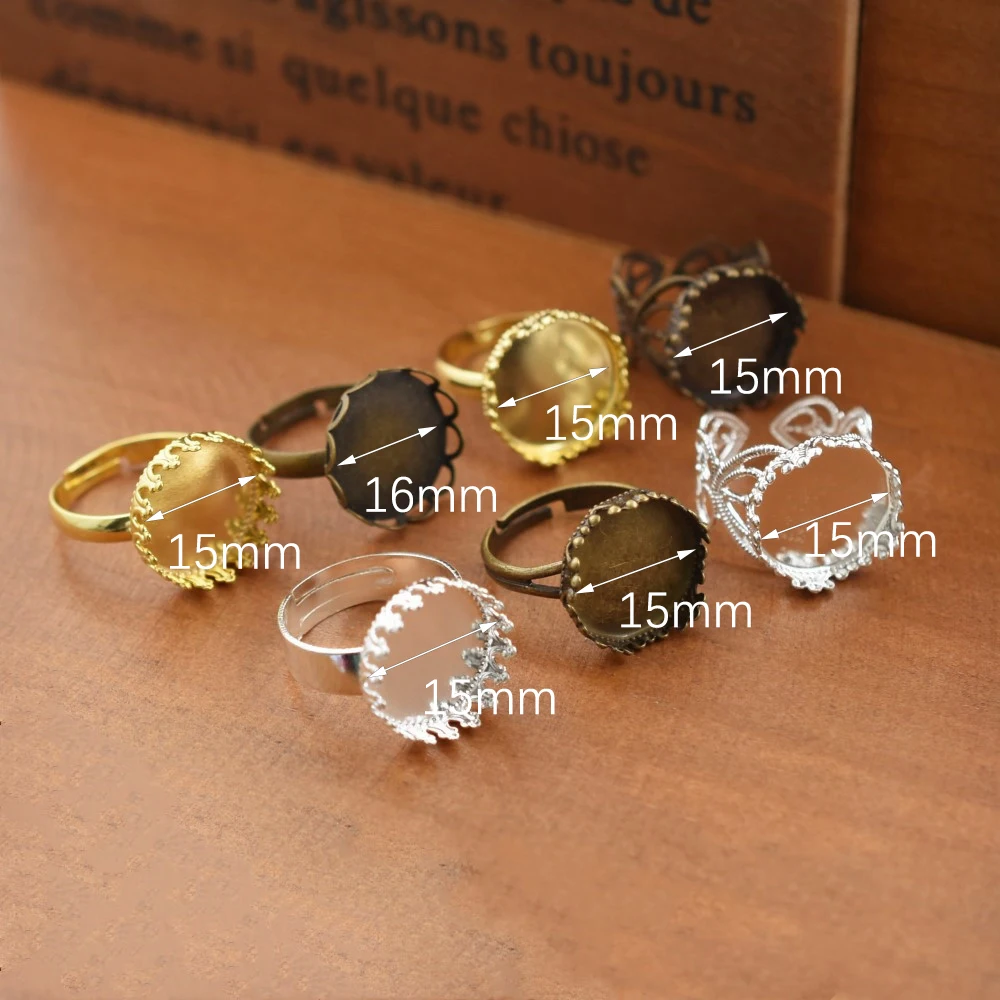 5pieces Adjustable 15mm Bezel Brass Ring Setting Base Cameo Cabochons Setting Tray Jewelry Findings