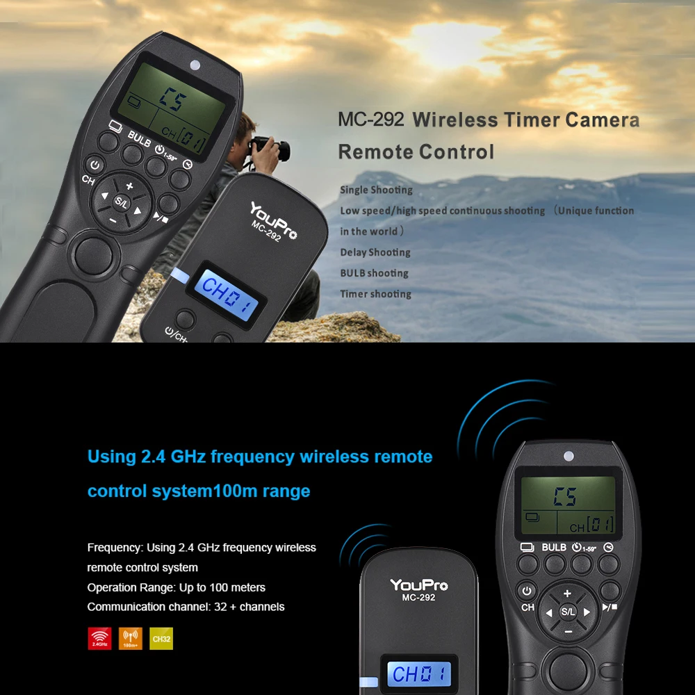 YouPro MC-292 DC0/DC2/N3/S2/E3 2.4G Wireless Remote Control LCD Timer Shutter Release Channels for Canon Sony Nikon Fujifilm etc