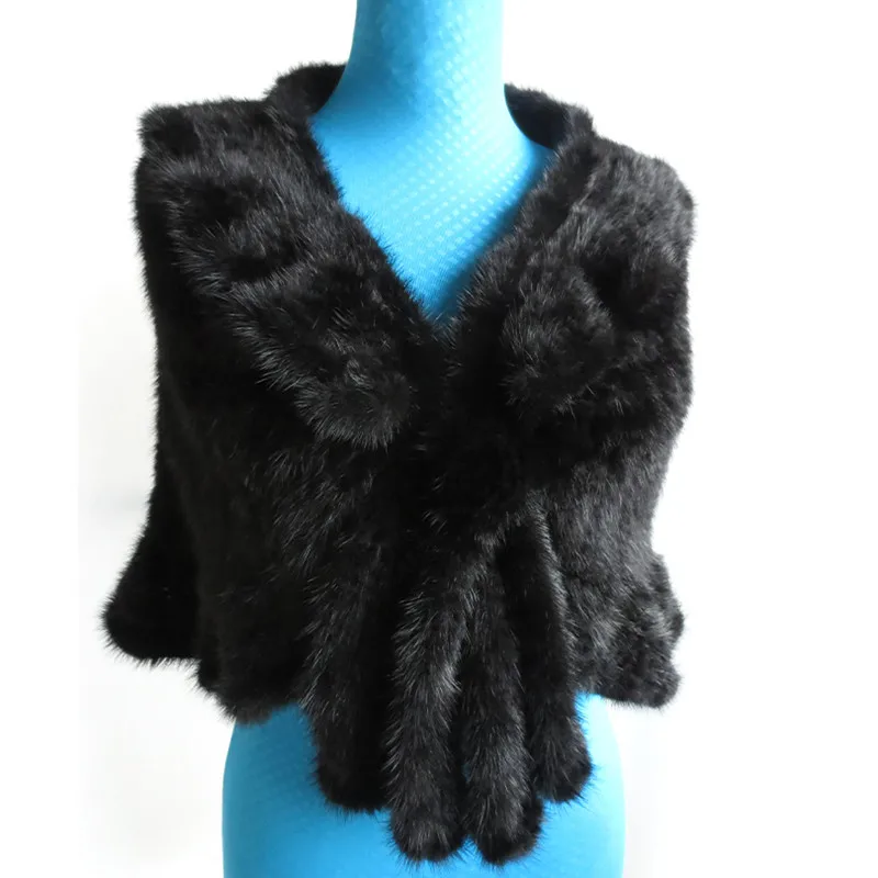 

Autumn Winter Women's Genuine Knitted Mink Fur Shawl with Collar Wraps Lady Pashmina Scarf VF7054