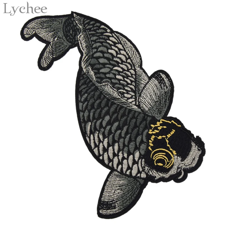 Lychee Life 1Set Koi Fish Embroidered Patches Embroidered Iron On Patch For Clothing Applique DIY Handmade Sewing Accessory