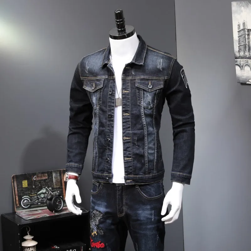 Spring New Fashion Men\'s 2 Piece Sets Vintage Embroidery Long Sleeve Slim Denim Jacket Coats And Jeans Pants Man Clothes