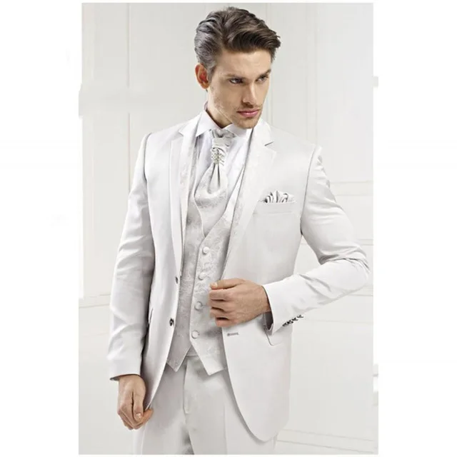 

White Men Suits 3 Pieces Notched Lapel Two Button Jacket Groom Suit Tuxedo Male Men Custom Made Blazer ( Jacket +Pants+Vest)