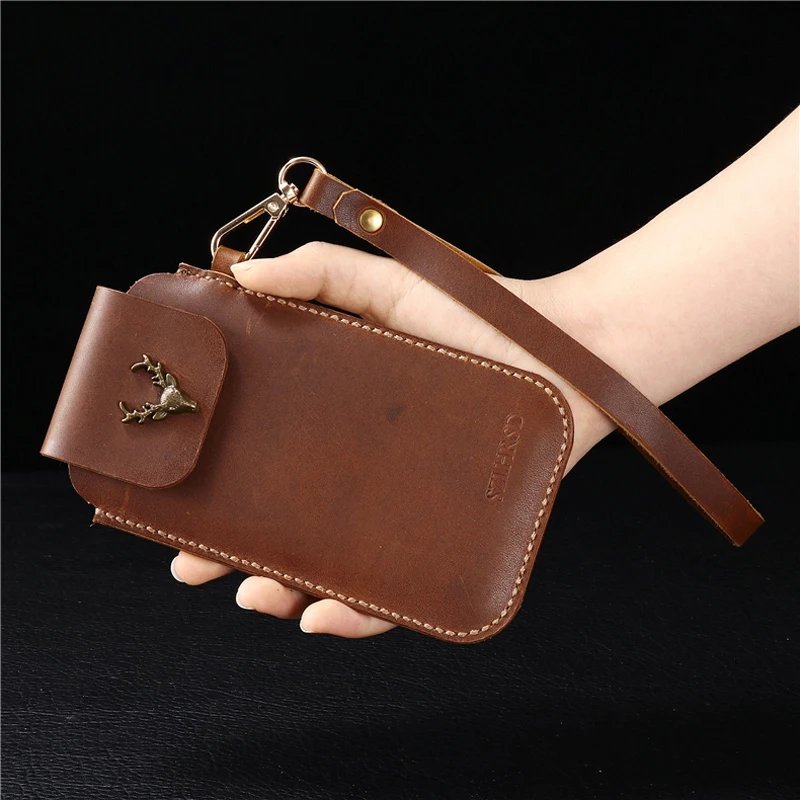 Wrist Hanging Men Genuine Leather Case Mobile Phone Waist Bag Wear Belt Verticle Waist Bag for Samsung Galaxy M30 M20 M10