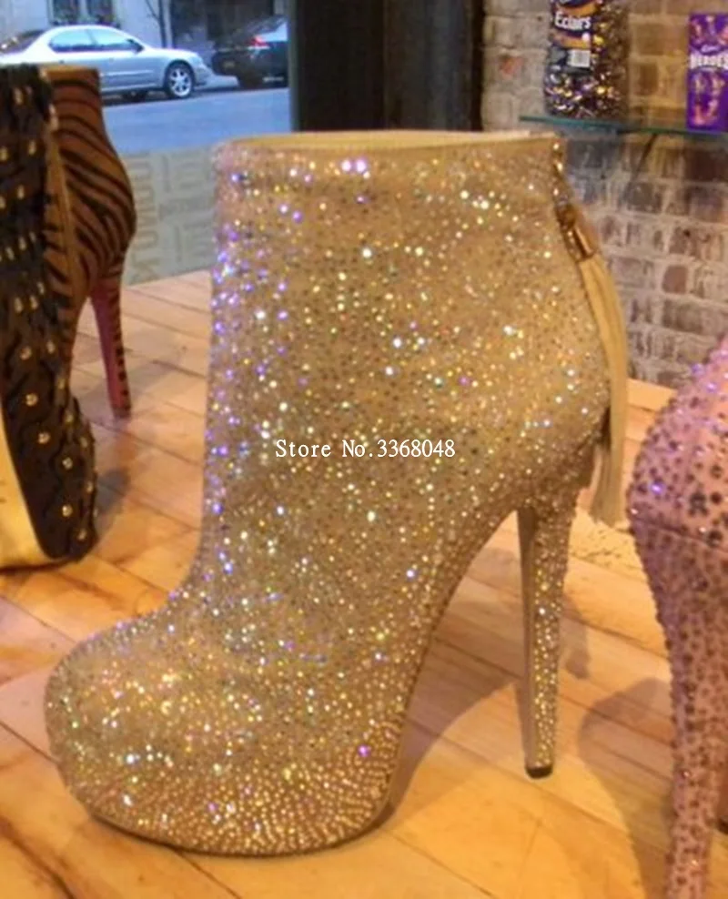 Women Luxury Rhinestone Round Toe Platform Boots Stilettos Heels Fringed T Stage Pumps Tassels Gold Sliver Botas Femmes 2019