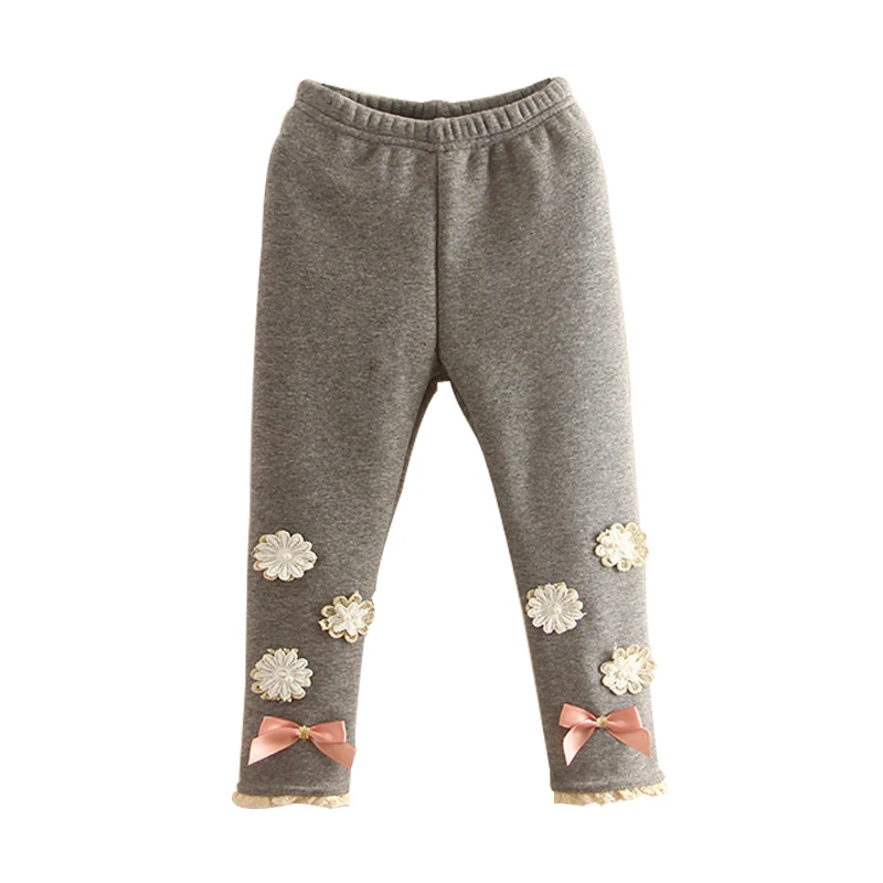 Spring Autumn 2-10 Year Kids Cotton Gray Blue Full Length Capri With Bow Flower Lace Patchwork Baby Girl Leggings Children