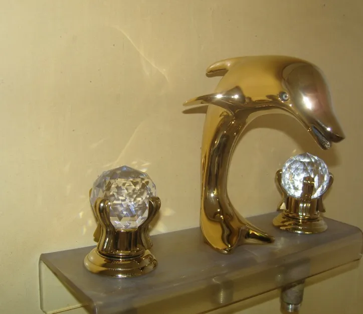 

PVD GOLD 8" WIDESPREAD LAVATORY BATHROOM SINK dolphin FAUCET crystal handles sink faucet