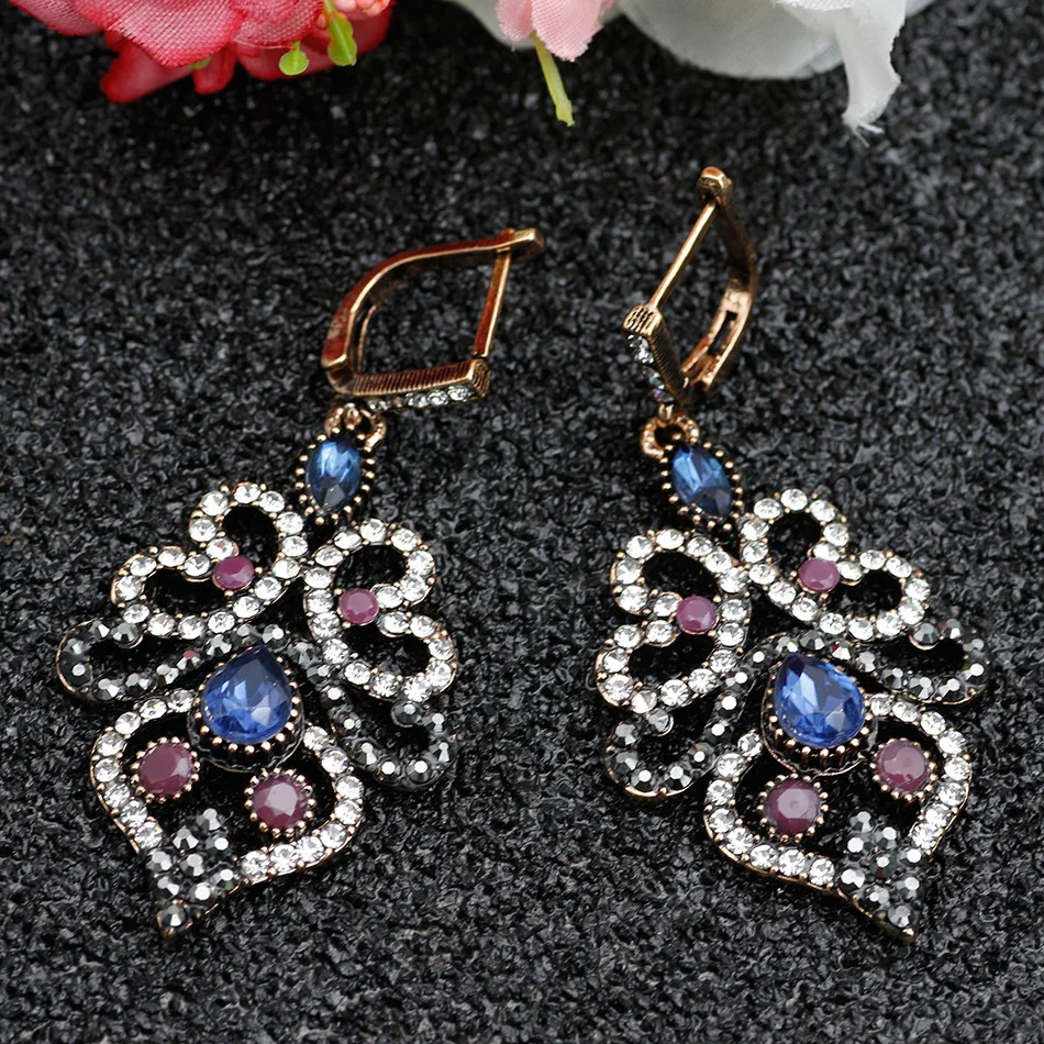 Sunspicems Exquisite Women Crystal Earrings Turkish Retro Vintage Dangle Hook Love Earrings Drop Water Resin Ethnic Jewelry