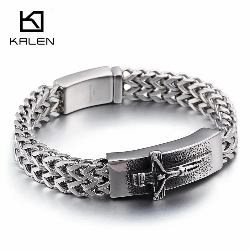 Kalen Klassische Christian Jesus Kreuz Charme Armbänder Auf Hand Für Männer Edelstahl Mesh Kette Link Armband Gebet Schmuck