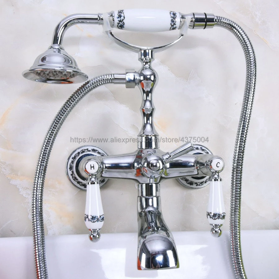 Wall Mounted Bathtub Faucet Double Handle Polished Chrome Mixer Tap Bath Shower Faucets With Hand Shower Nna207