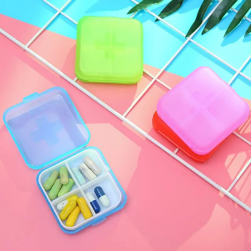 1pc Mini Storage Portable Cross 4 Grid Sealed Home Small Pill Box Medicine Case