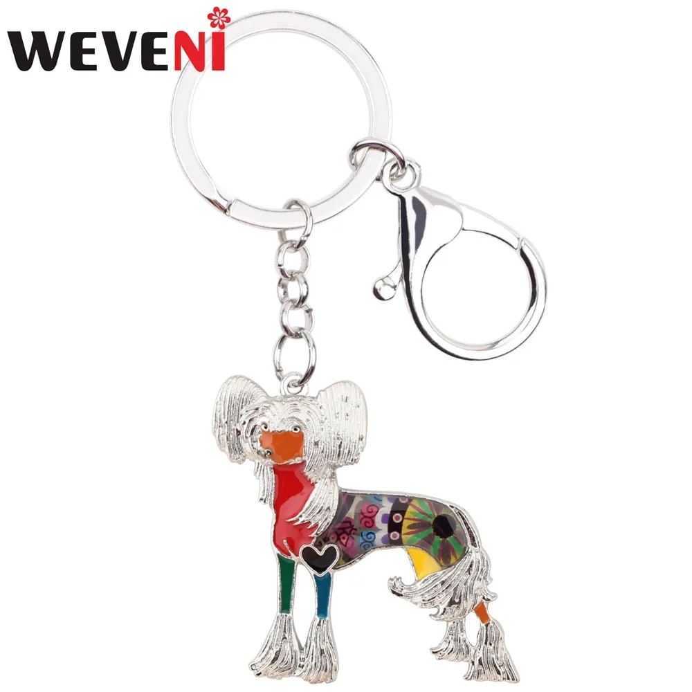 WEVENI Statement Enamel Alloy Chinese Crested Dog Key Chains Keychain Keyrings Jewelry For Women Ladies Pendant Bag Car Charms