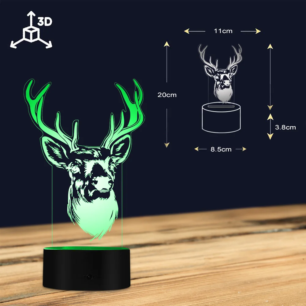 Kepala Rusa Tanduk Rusa 3D Ilusi Optik Cahaya Hutan Rusa Buck Satwa Liar LED Kreatif Malam Lampu Dekoratif Lampu Meja