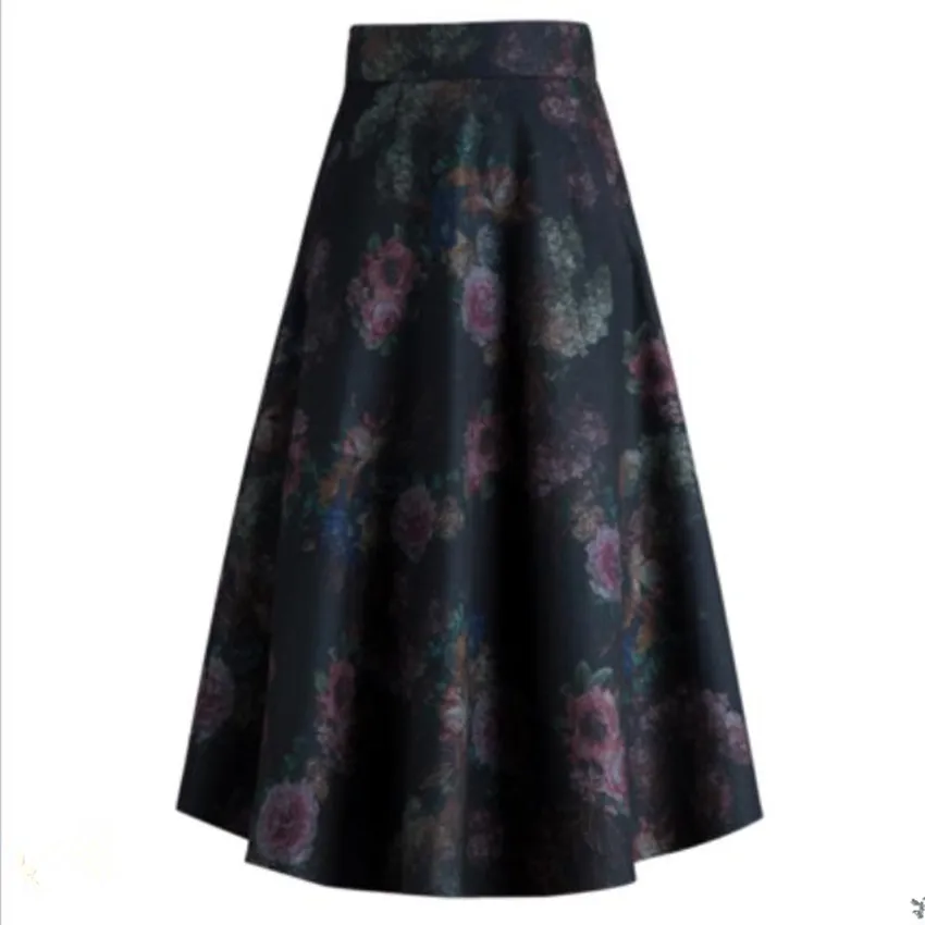 

autumn winter Woolen Skirt Women Retro Thick High Waist Long Skirt Big Swing Prints Wool Skirts a-line