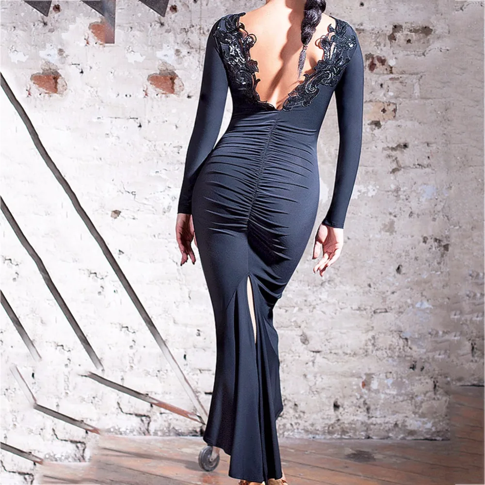 

Backless Latin Dance Dress For Ladies Black Lace Skirts Suits Women Adult Indian Ballroom Dinner Performance Square Dresses B001