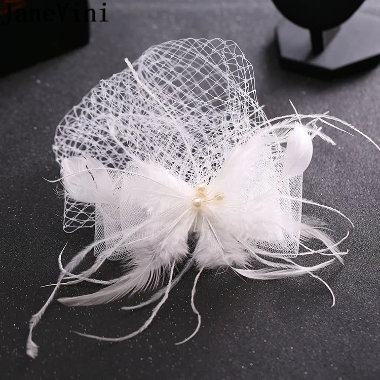 JaneVini White Feathers Fascinator Wedding Hat Bride Hair Accessories Vintage Birdcage Mesh Veil Party Hats for Women Evening