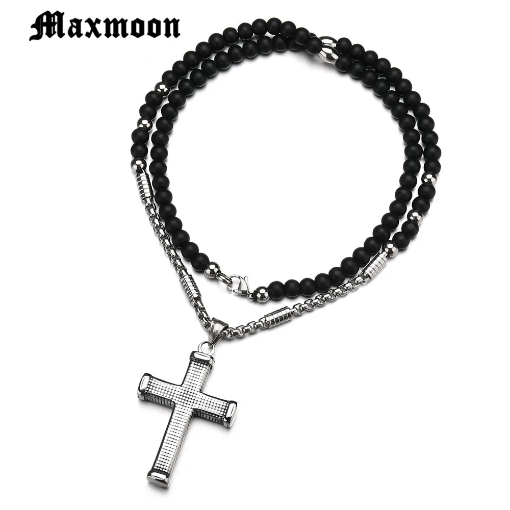 

Maxmoon 3.5mm Black stone Beads with Stainless Steel cross Pendant Mens Rosary Necklace Mens Mala jewelry