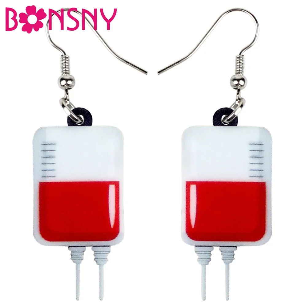 Bonsny Acrylic Halloween Novelty Blood Plasma Bag Earrings Drop Dangle Fashion Cute Jewelry For Women Girls Teens Party Charms