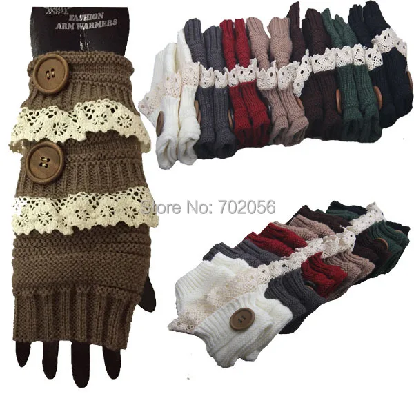 2016 Solid button Lace knitted Fingerless Gloves Ballet Dance button glove Fashion 8 colors #3745