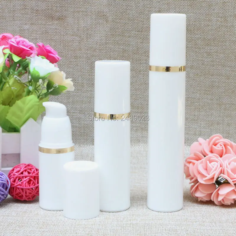 

50ml White Airless Vacuum Pump Lotion Bottle With Gold Line Used For Cosmetic Container Refillable Bottles 100pcs/lot