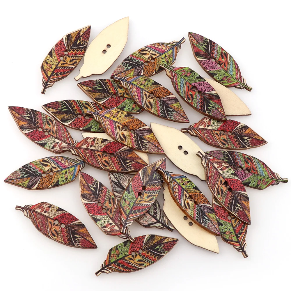 50PC Fashion Leaves High Quality Painting 2 Holes DIY Random Wooden Buttons Sewing Scrapbooking Accessories 15x42mm